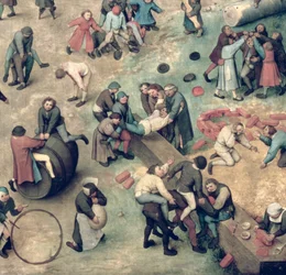 Børnelege (Kinderspiele): detalje i nederste højre hjørne, der viser børn, der leger med mursten, bøjler og en tønde, 1560 (detalje af 68945)